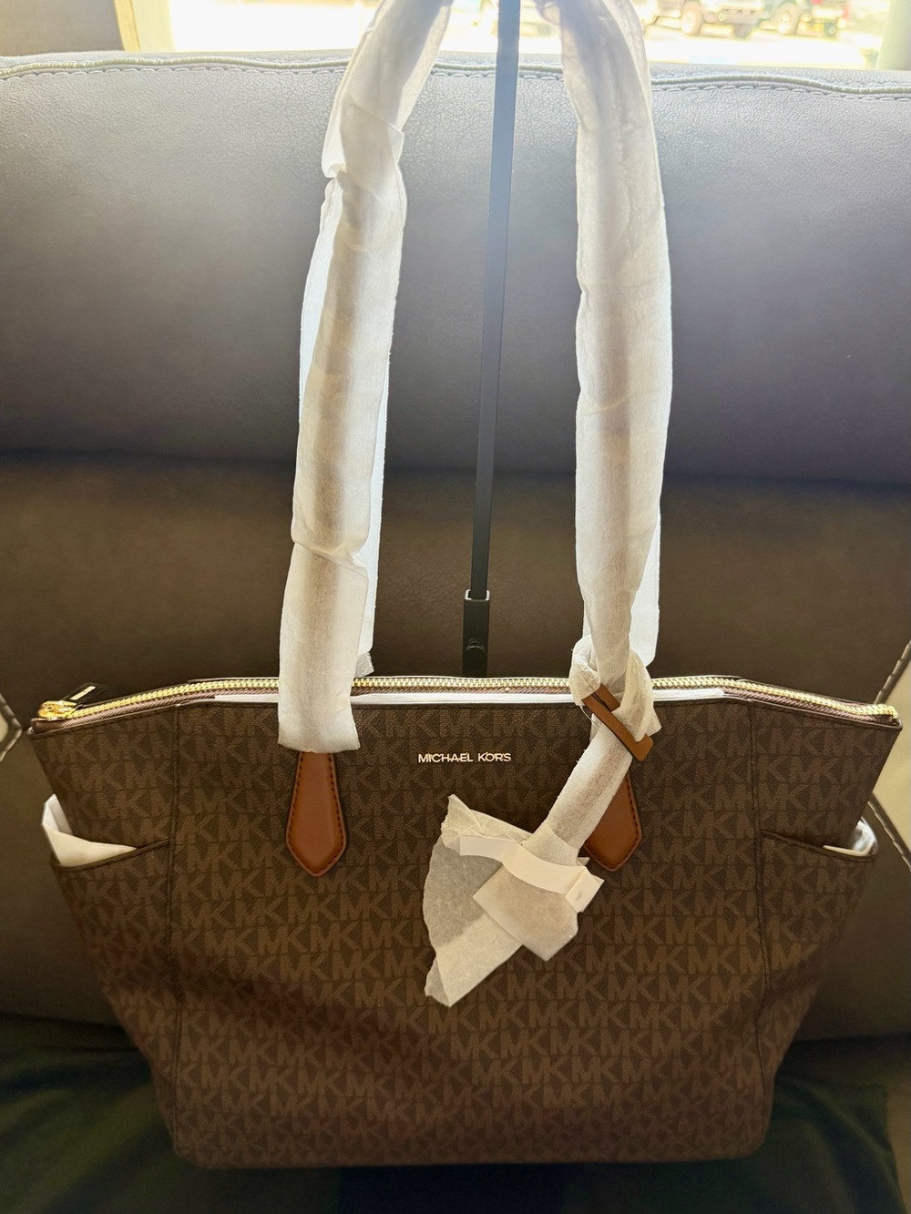 Michael Kors Brown MK Logo Tote with Tan Trim
